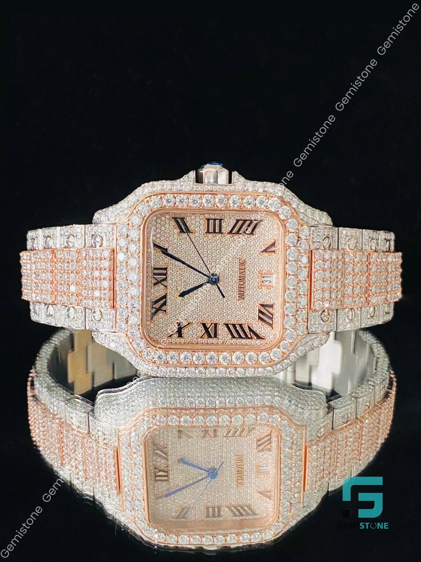 Mens Roman Number Two Tone VVS Moissanite Studded Diamond Watch