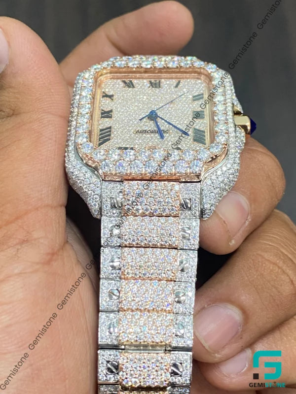 Two Tone Fully Iced Out Roman Dial Moissanite Watch For Men