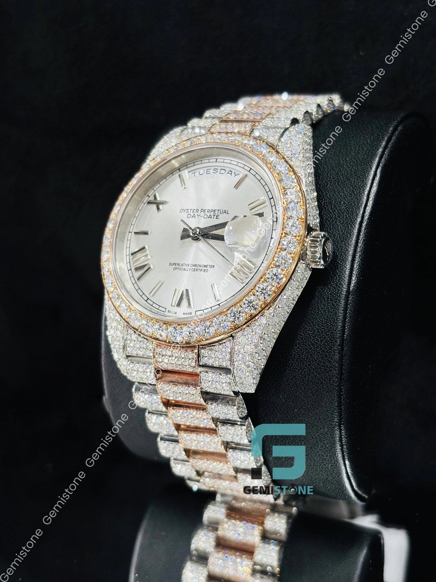 Rose Gold Plated Moissanite Day Date Watch