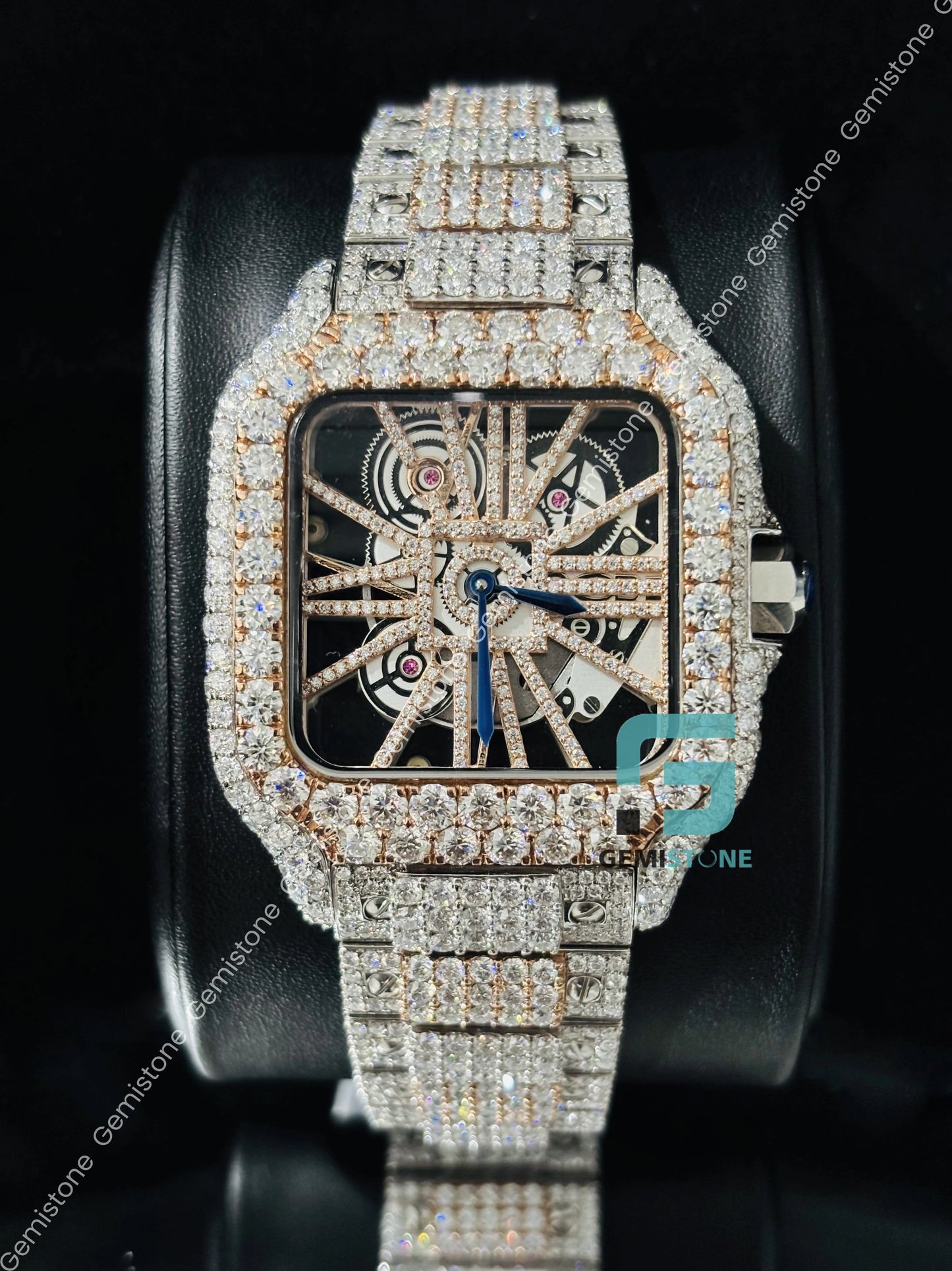 Rose Gold Plated Moissanite Skeleton Dial Cartier Watch