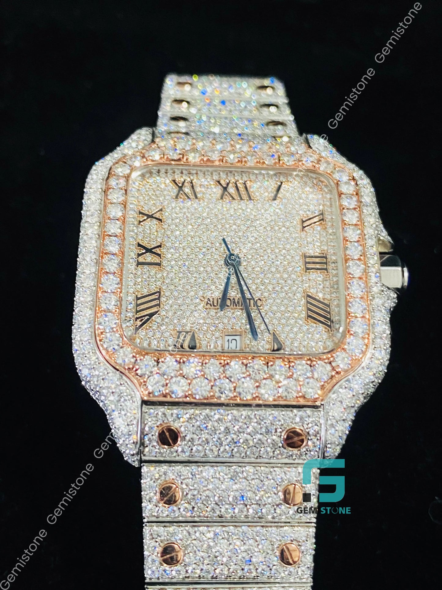 Classic Fully Iced Out Two Tone Roman Dial Moissanite Watch For Men