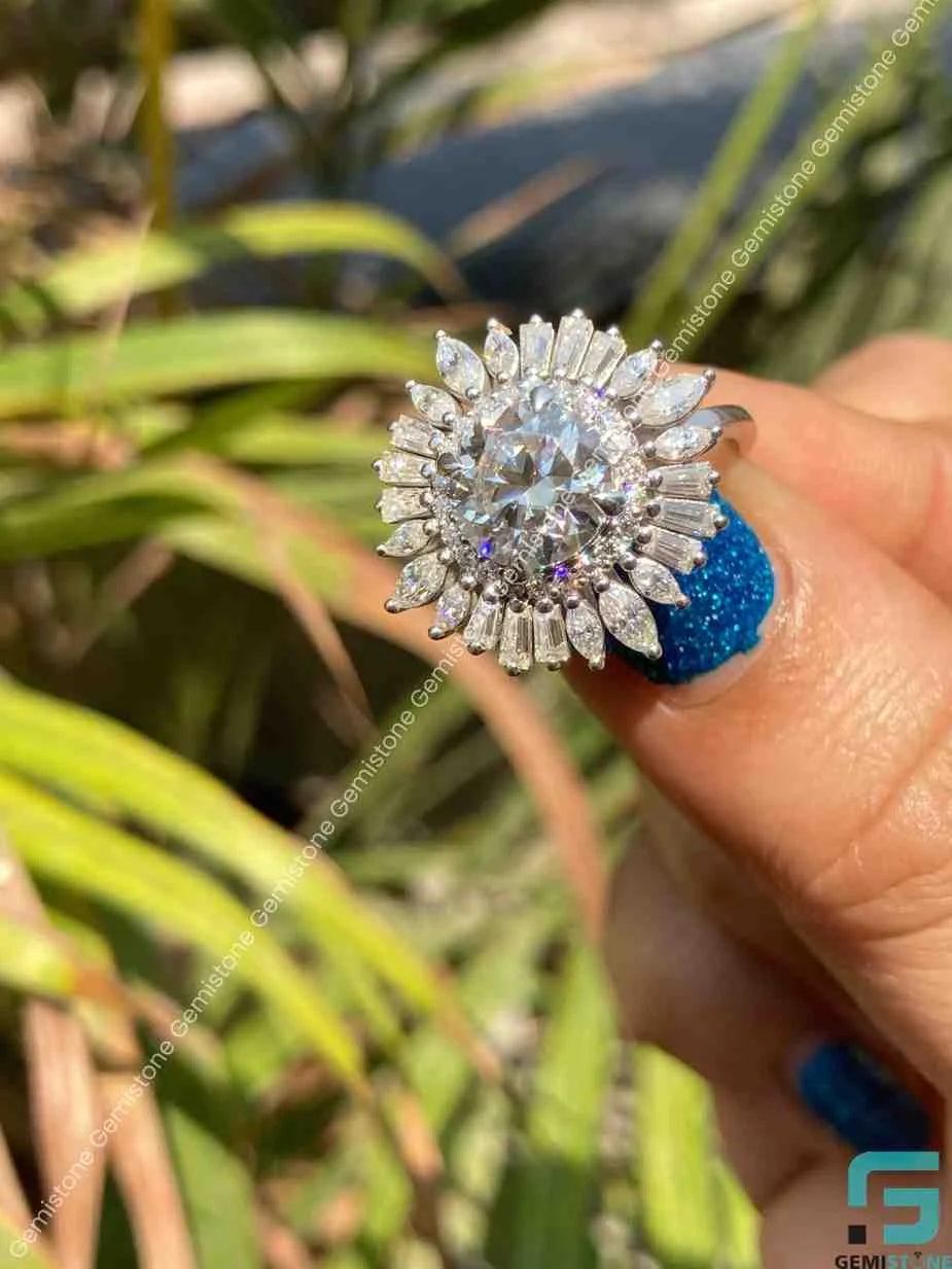 Round Cut Sunburst Moissanite Ring
