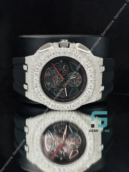 Skeleton Dial Black Silicon Belt Moissanite Watch Skeleton Dial Black Silicon Belt Moissanite Watch