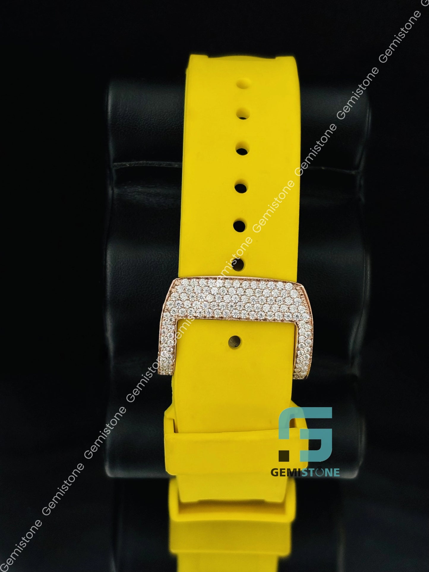 Skeleton Dial Moissanite Iced Out Yellow Rubber Belt Watch