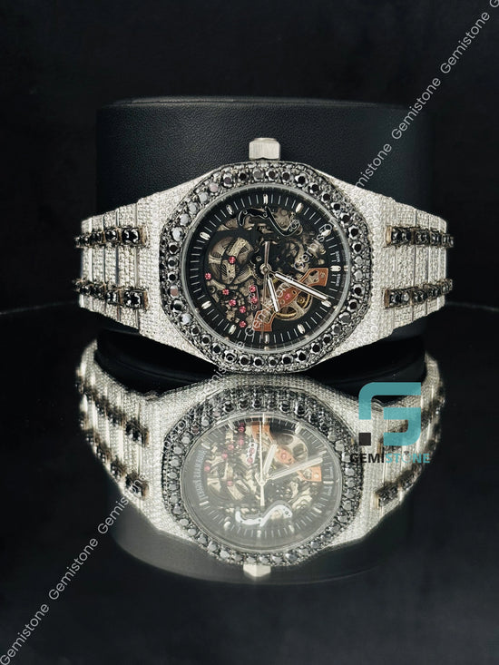 Skeleton Dial Moissanite Studded Black _White Diamond Watch Skeleton Dial Moissanite Studded Black _White Diamond Watch