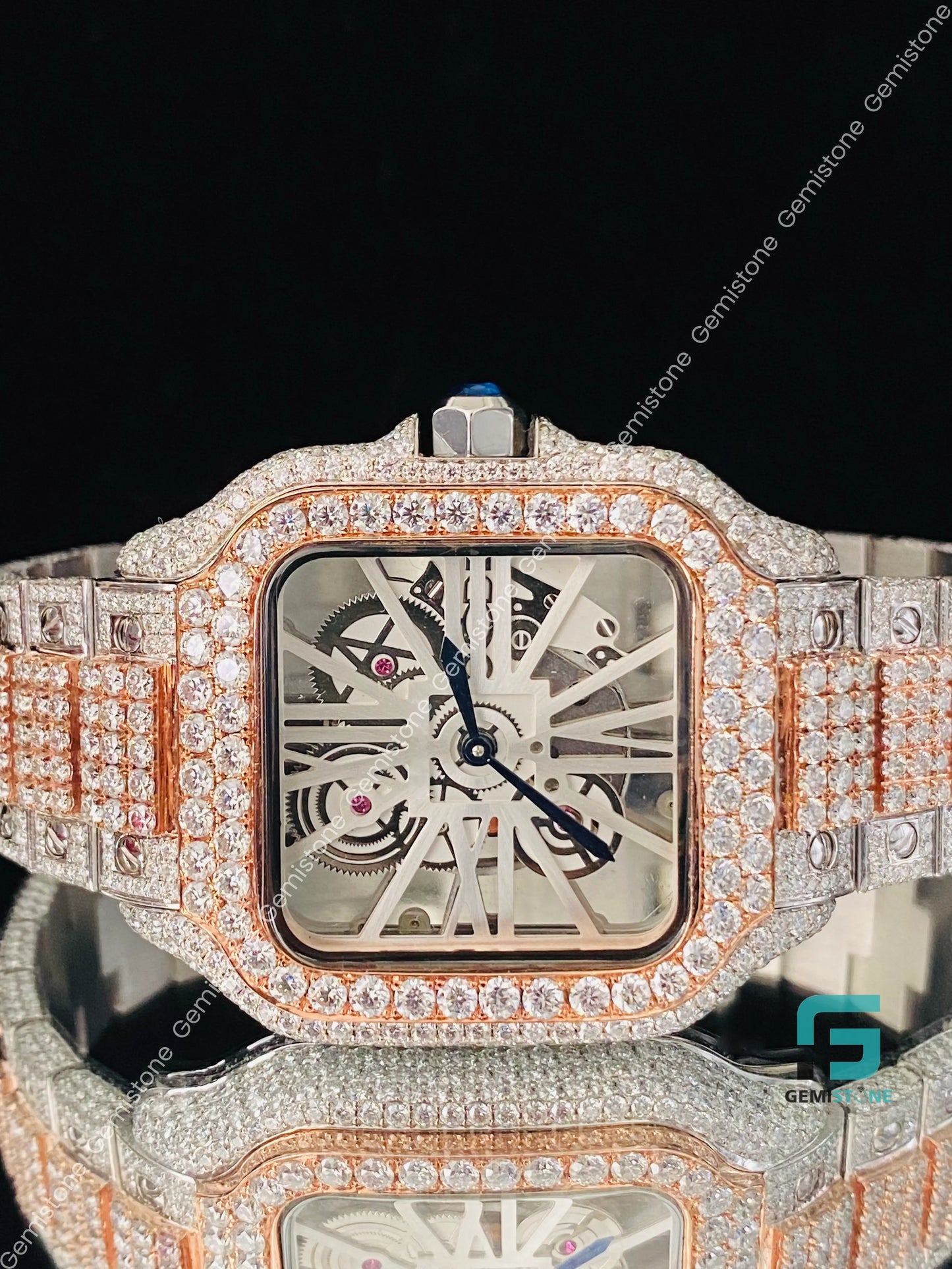 Mens Fuly Iced Out Two Tone Skeleton Dial VVS Moissanite Watch