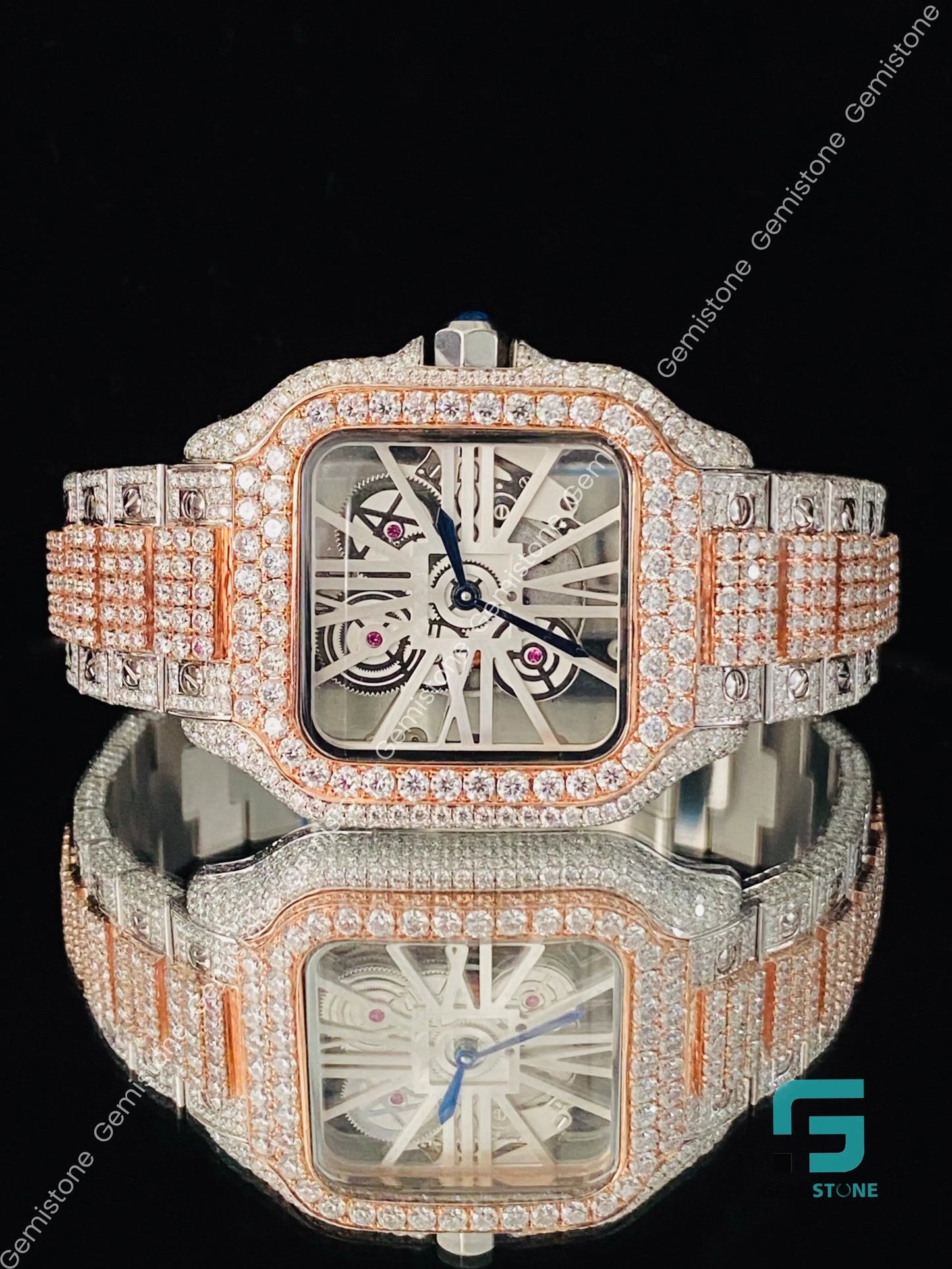 Mens Fuly Iced Out Two Tone Skeleton Dial VVS Moissanite Watch
