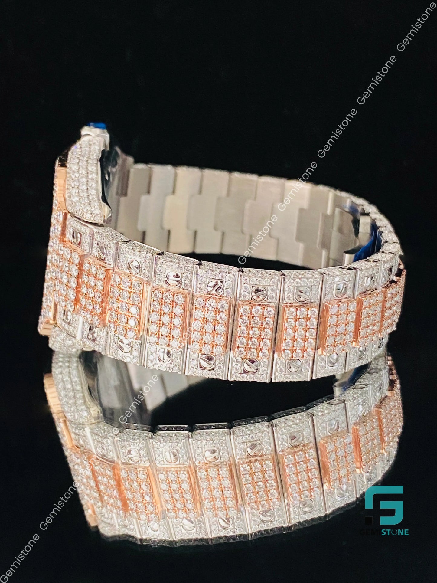 Mens Fuly Iced Out Two Tone Skeleton Dial VVS Moissanite Watch