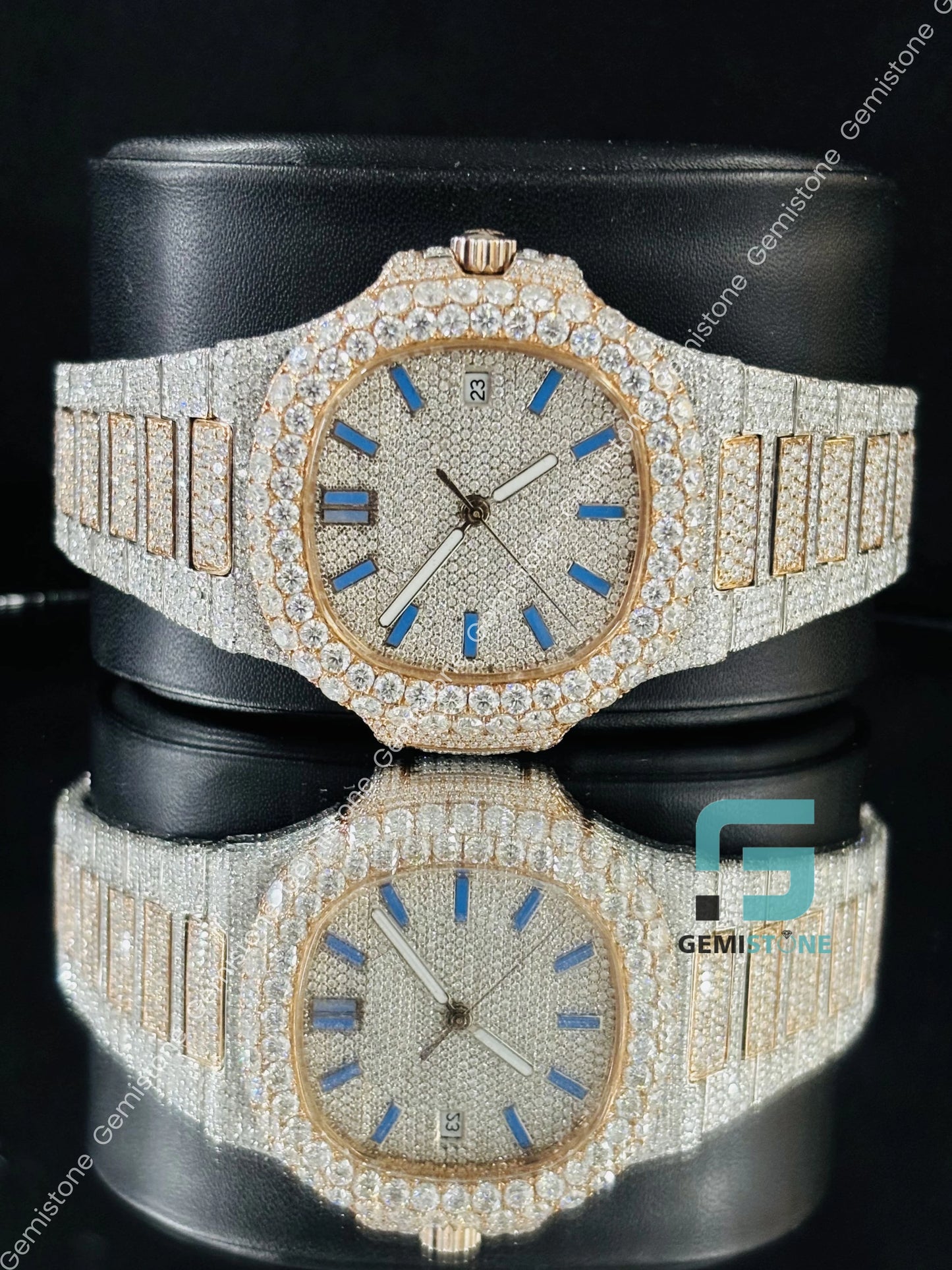 Sky Blue Baguette Bar Fully Studded Moissanite Watch