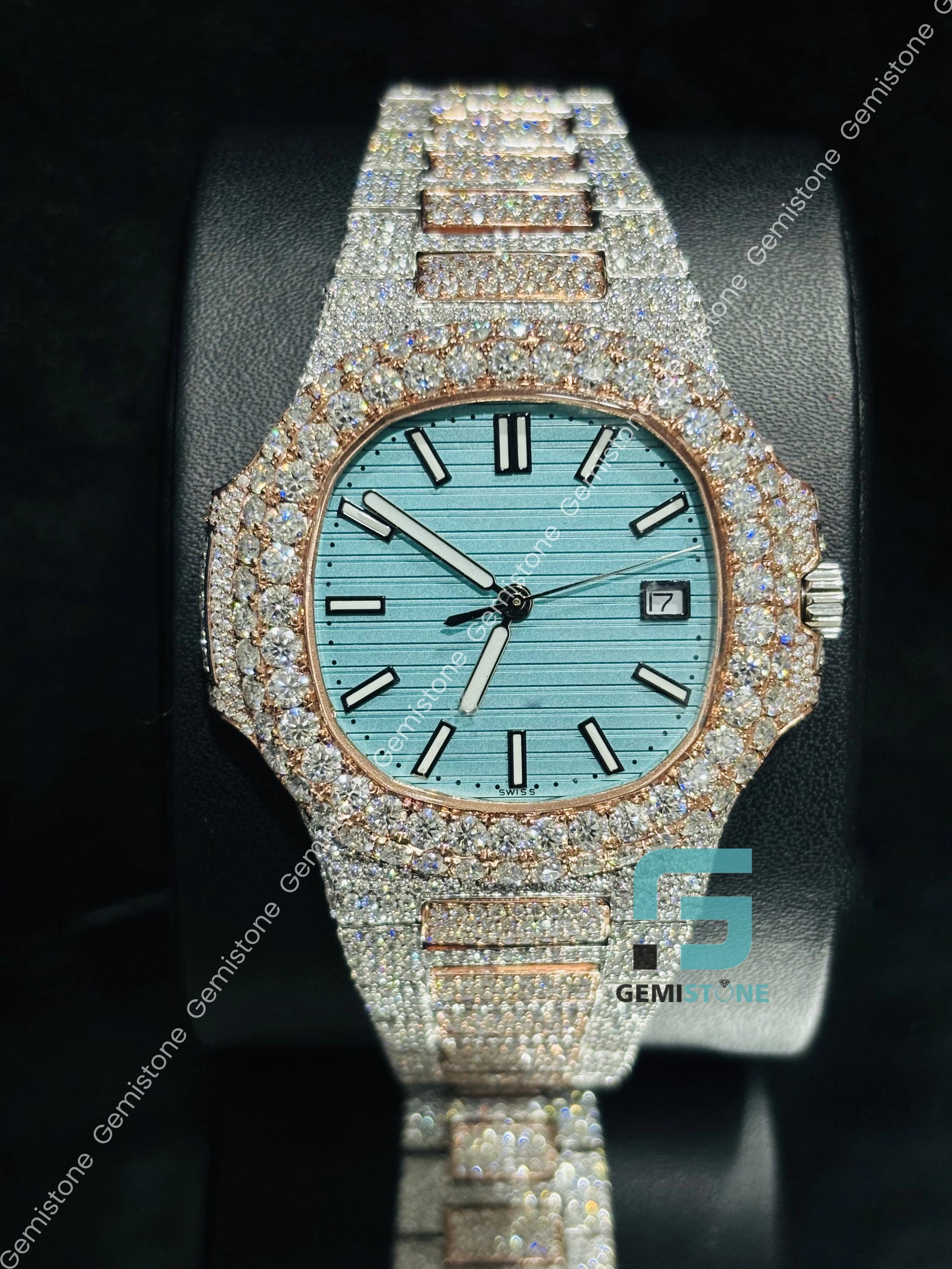 Sky Blue Dial White Bar Dual Tone Moissanite Watch