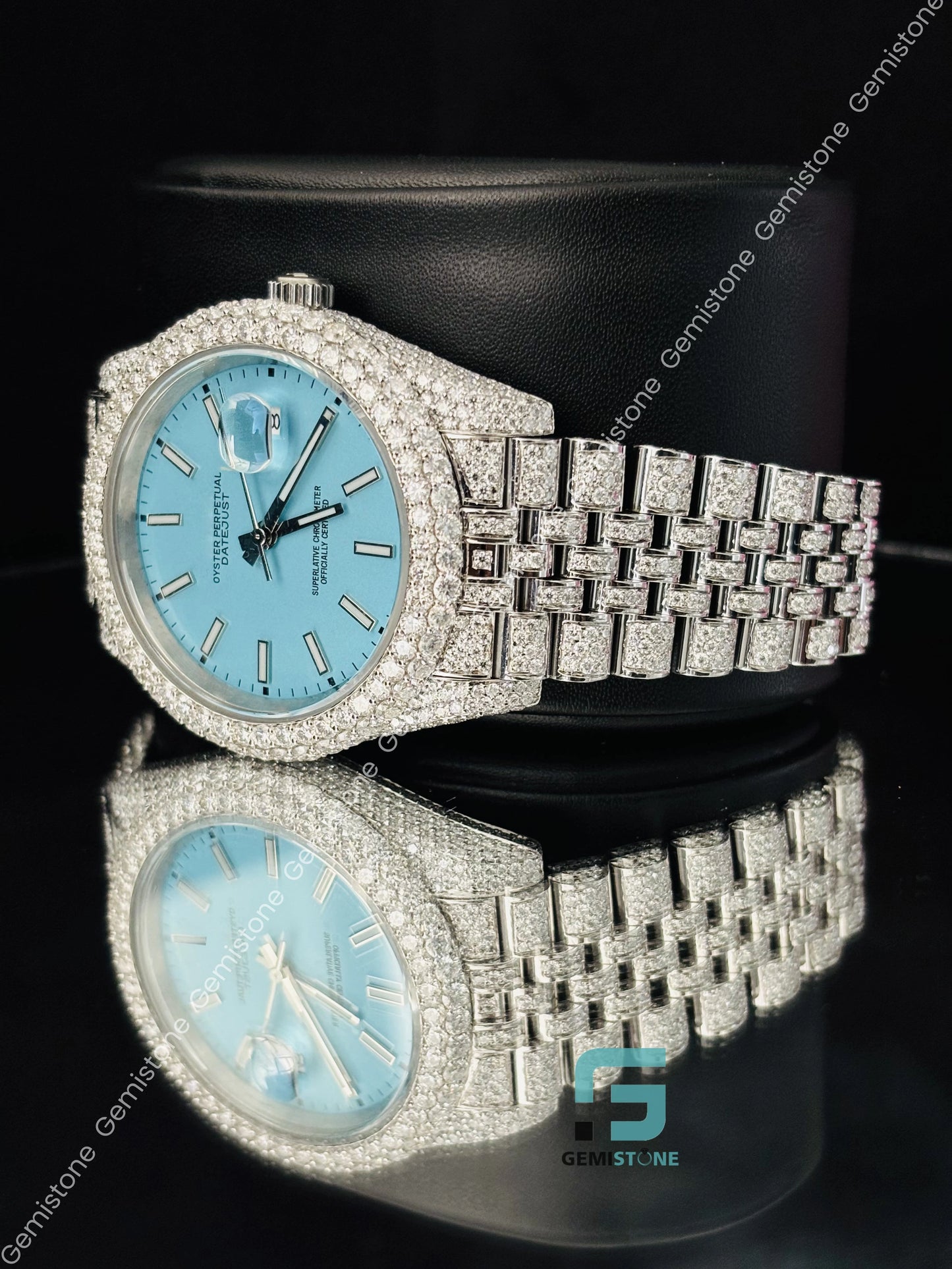 Sky Blue Dial_White Bar moissanite Diamond Watch