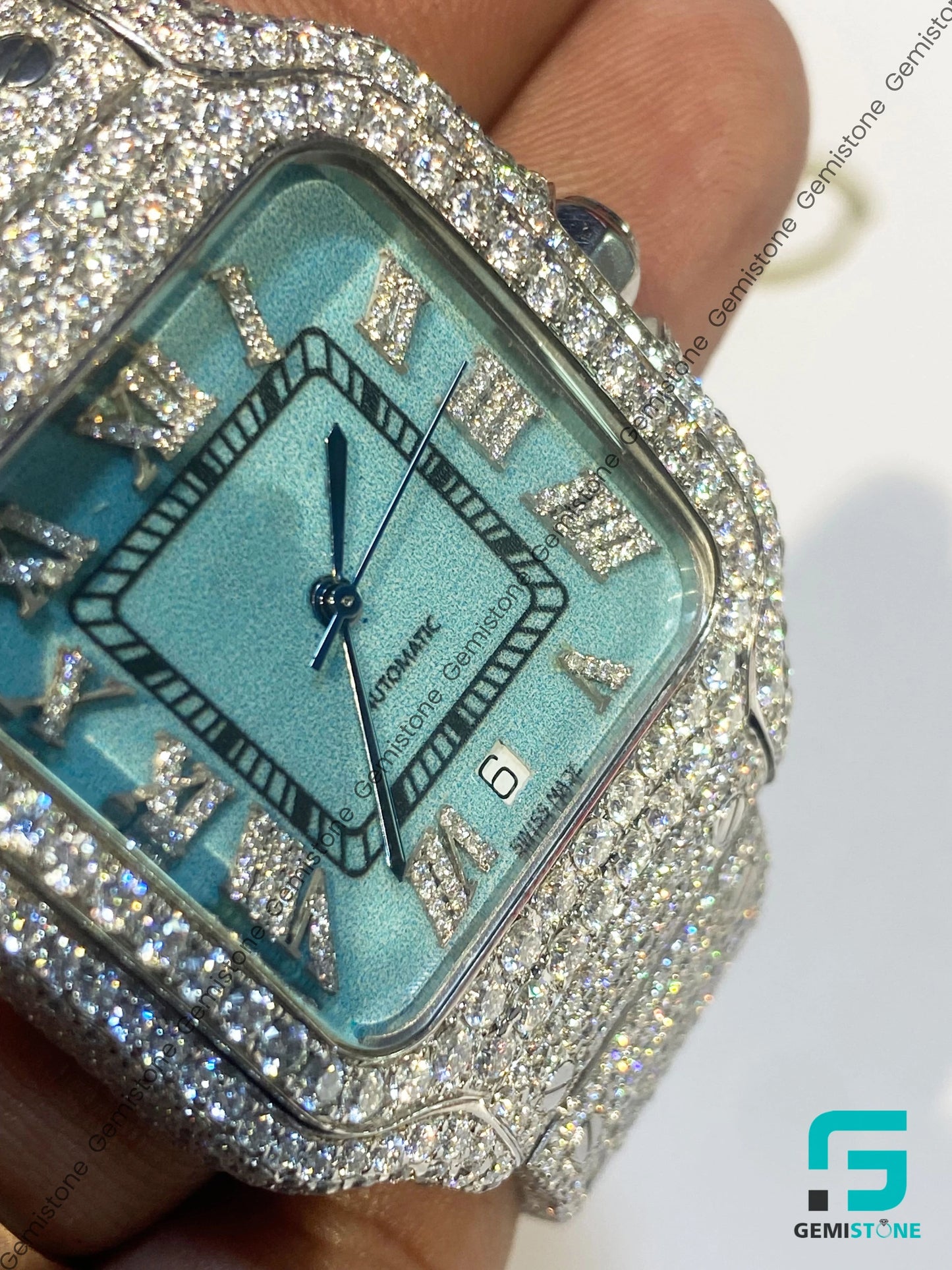 Aqua Blue Dial Roman Numerial Moissanite Watch Father's Day Gift