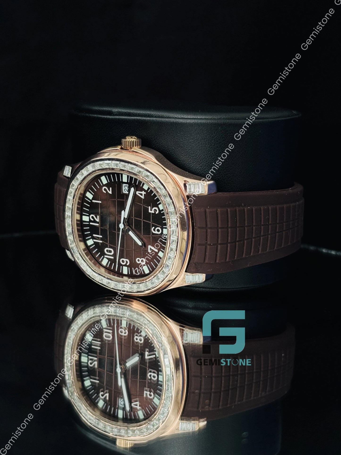 Tapisserie Pattern Dial Brown Rubber Belt Moissanite Watch