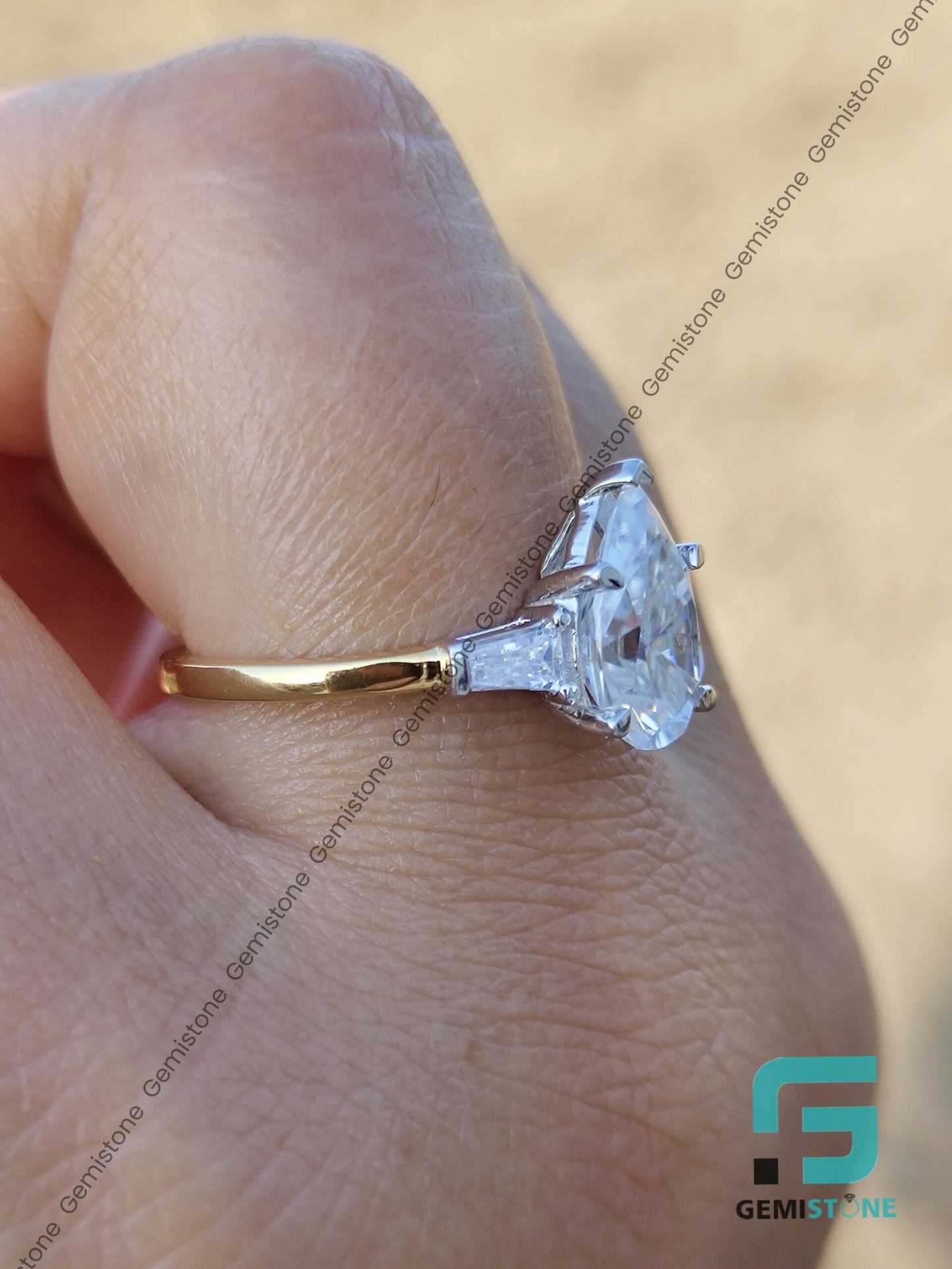 3 CT Pear Shape & T. Baguette Moissanite Engagement Ring