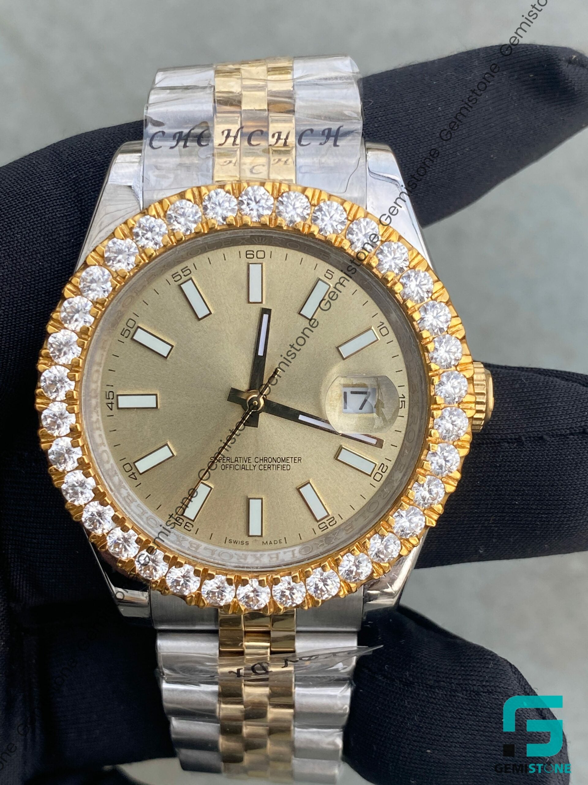 Two Tone Jubilee Yellow Dial Diamond Bezel Moissanite Watch