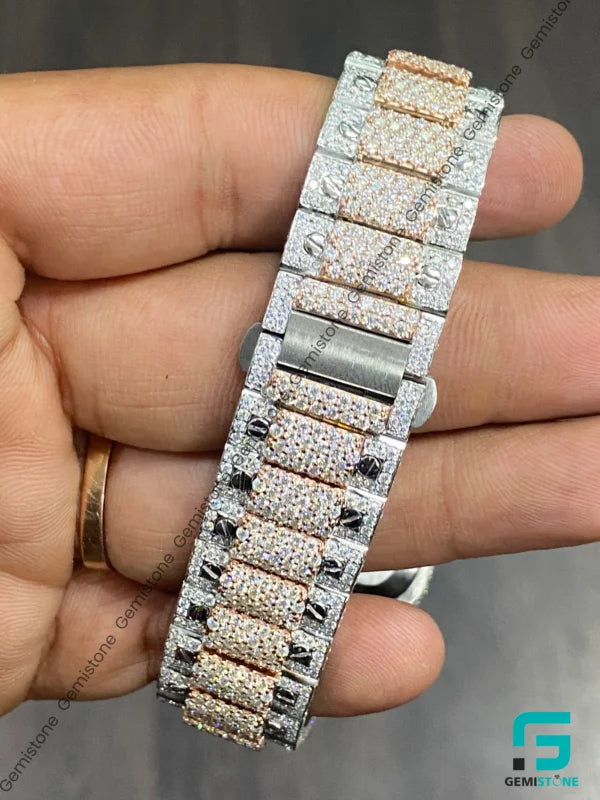 Two Tone Fully Iced Out Roman Dial Moissanite Watch For Men
