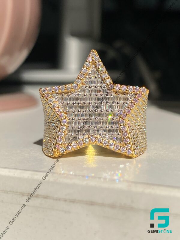 Iced Baguette and Round Moissanite Diamond Studded Hip Hop Mens Star Ring
