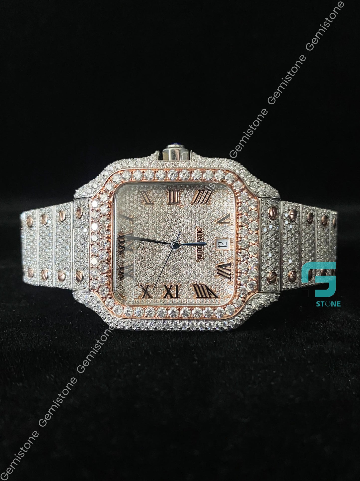 Classic Fully Iced Out Two Tone Roman Dial Moissanite Watch For Men