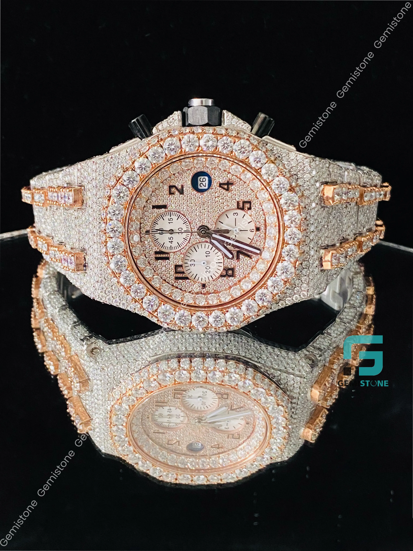 Men's Fully Iced Out Two Tone Rose Gold Plated Multi Dial Moissanite Watch