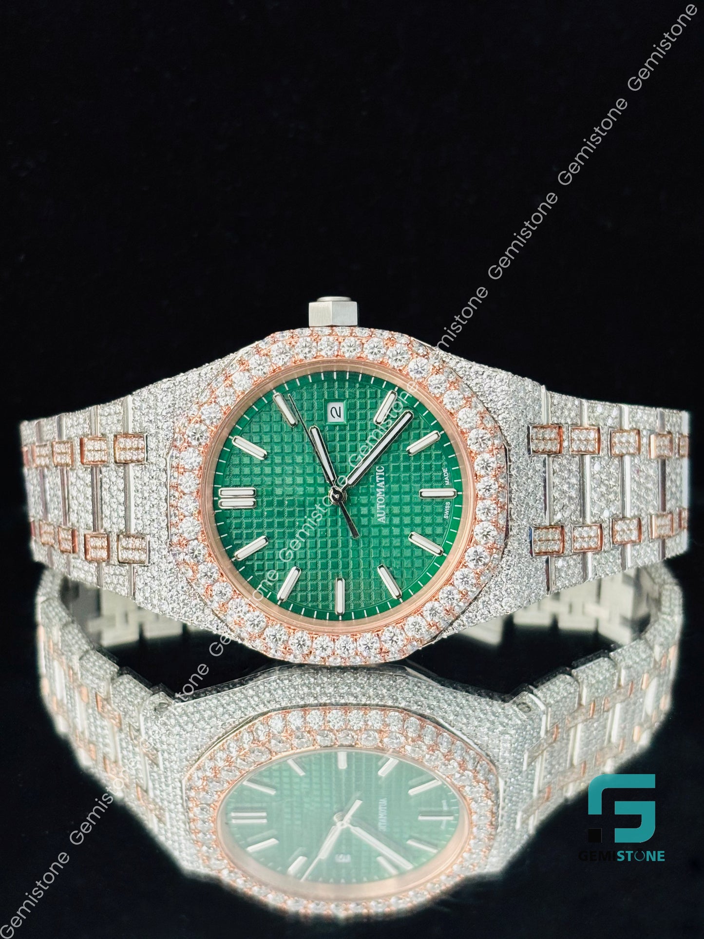Two Tone Green Dial Luxury Moissanite Watch