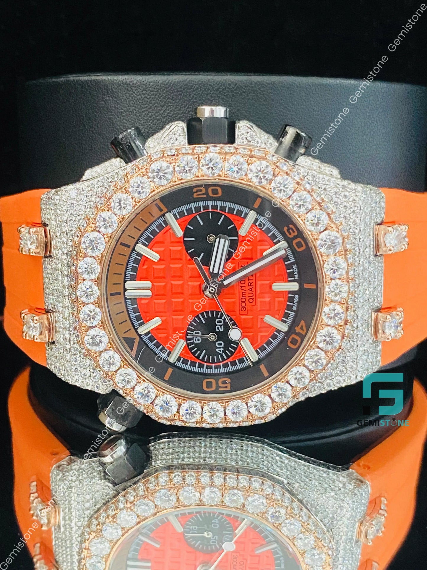 Two_Tone_Rose_Gold_Plated_Orange_Silicon_Strap_Moissanite_Watch