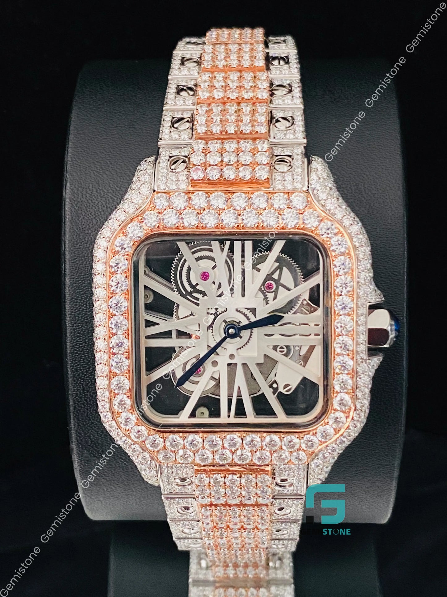 Mens Fuly Iced Out Two Tone Skeleton Dial VVS Moissanite Watch