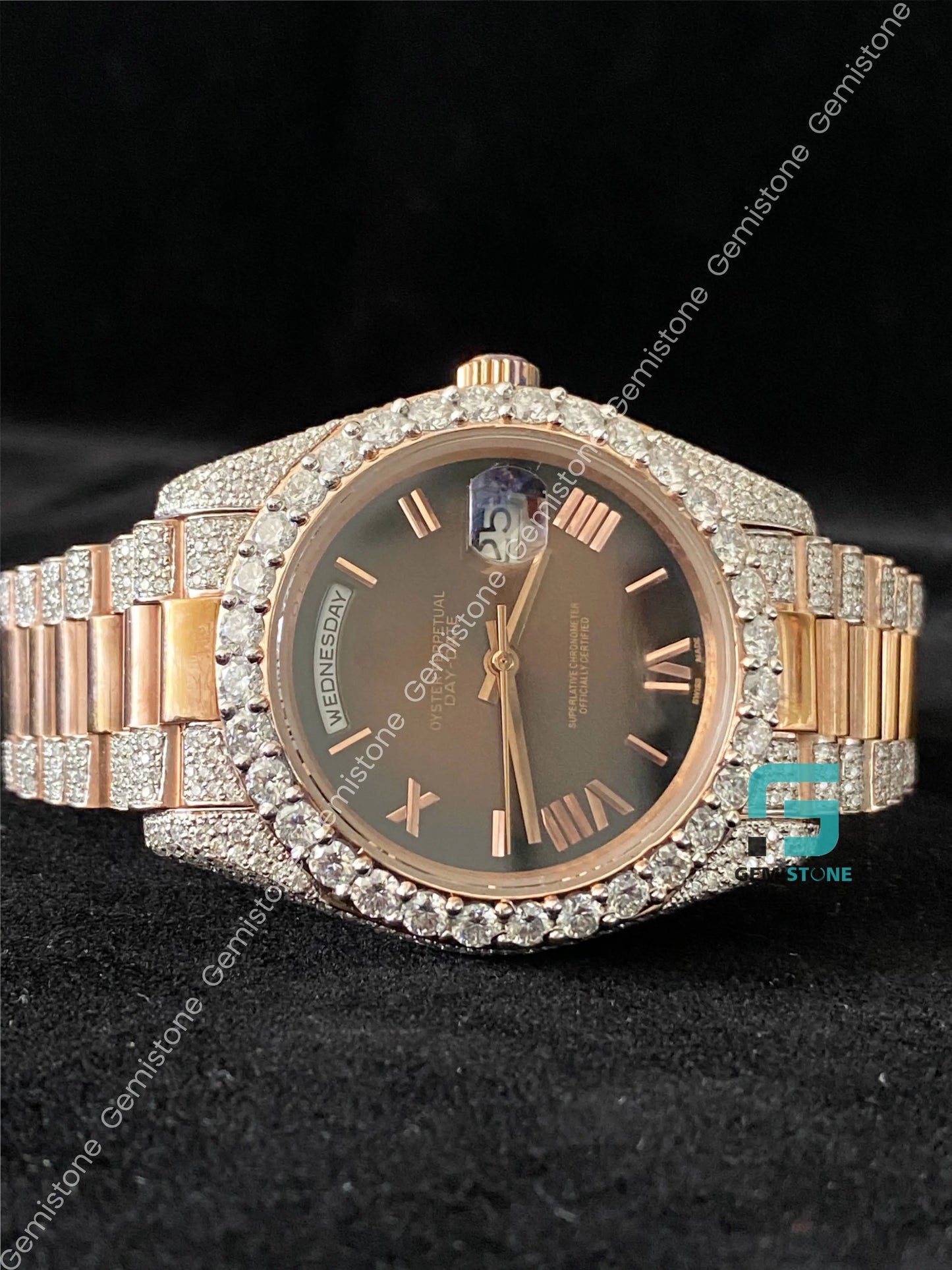 41MM Chocolate Dial Roman Numerals Bezel Dial Diamond Moissanite Watch