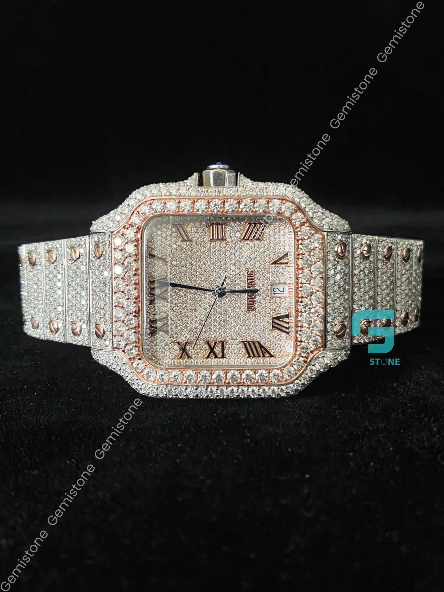 Classic Fully Iced Out Two Tone Roman Dial Moissanite Watch For Men