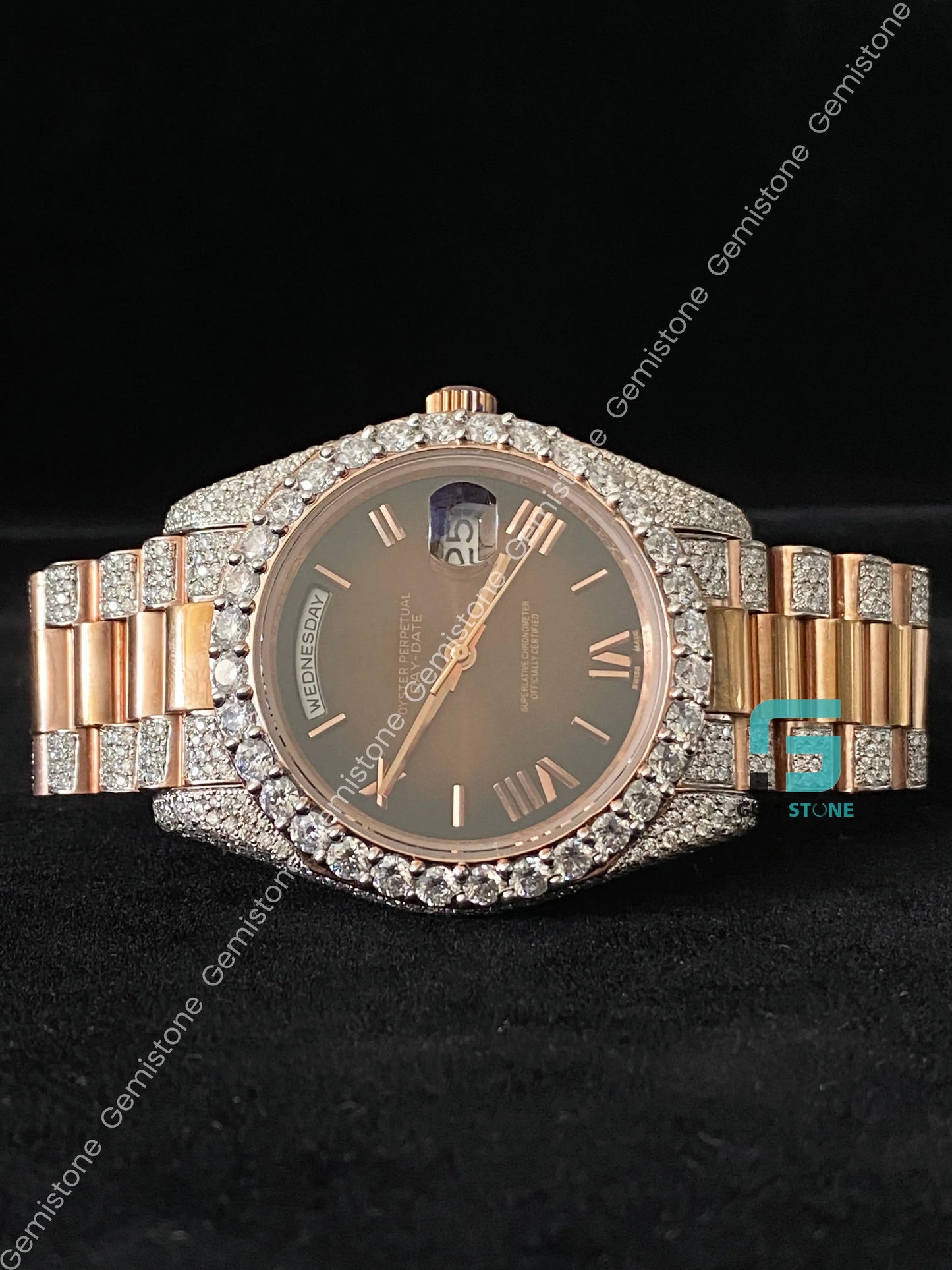 41MM Chocolate Dial Roman Numerals Bezel Dial Diamond Moissanite Watch