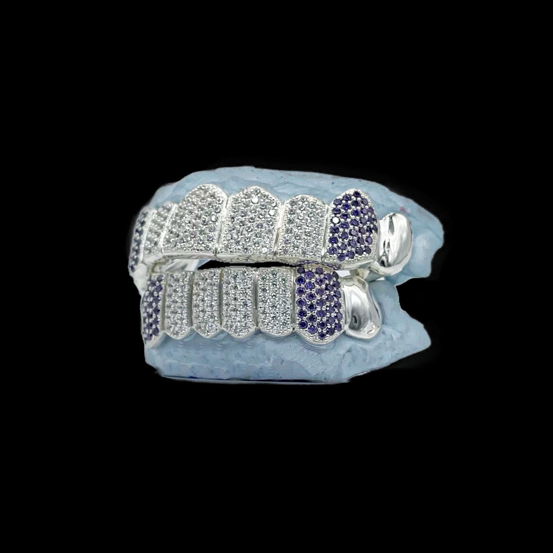 Unique 8 On 8 White & Purple Moissanite Honeycomb Diamond Grillz