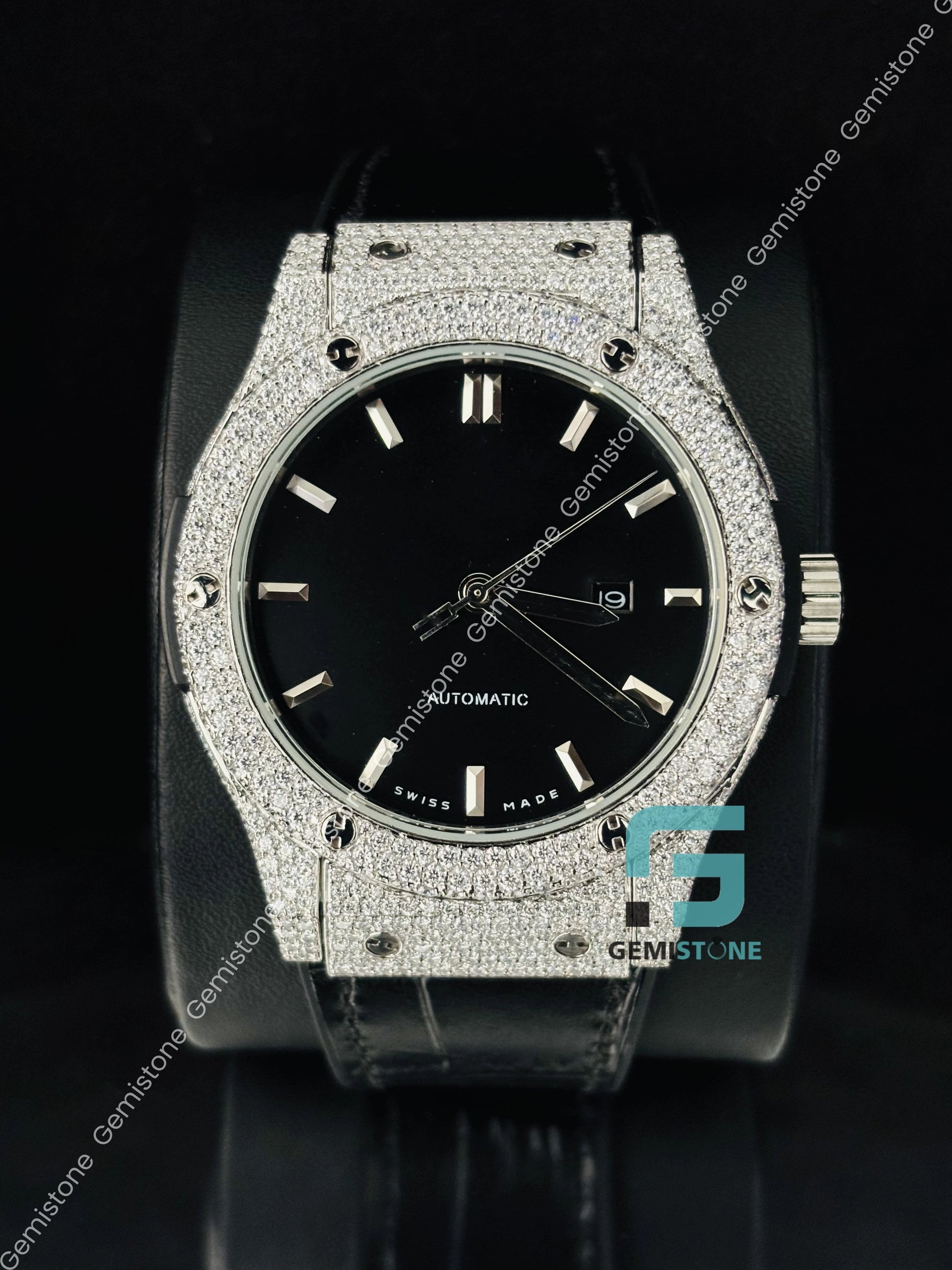 White Black Lather Belt Moissanite Watch