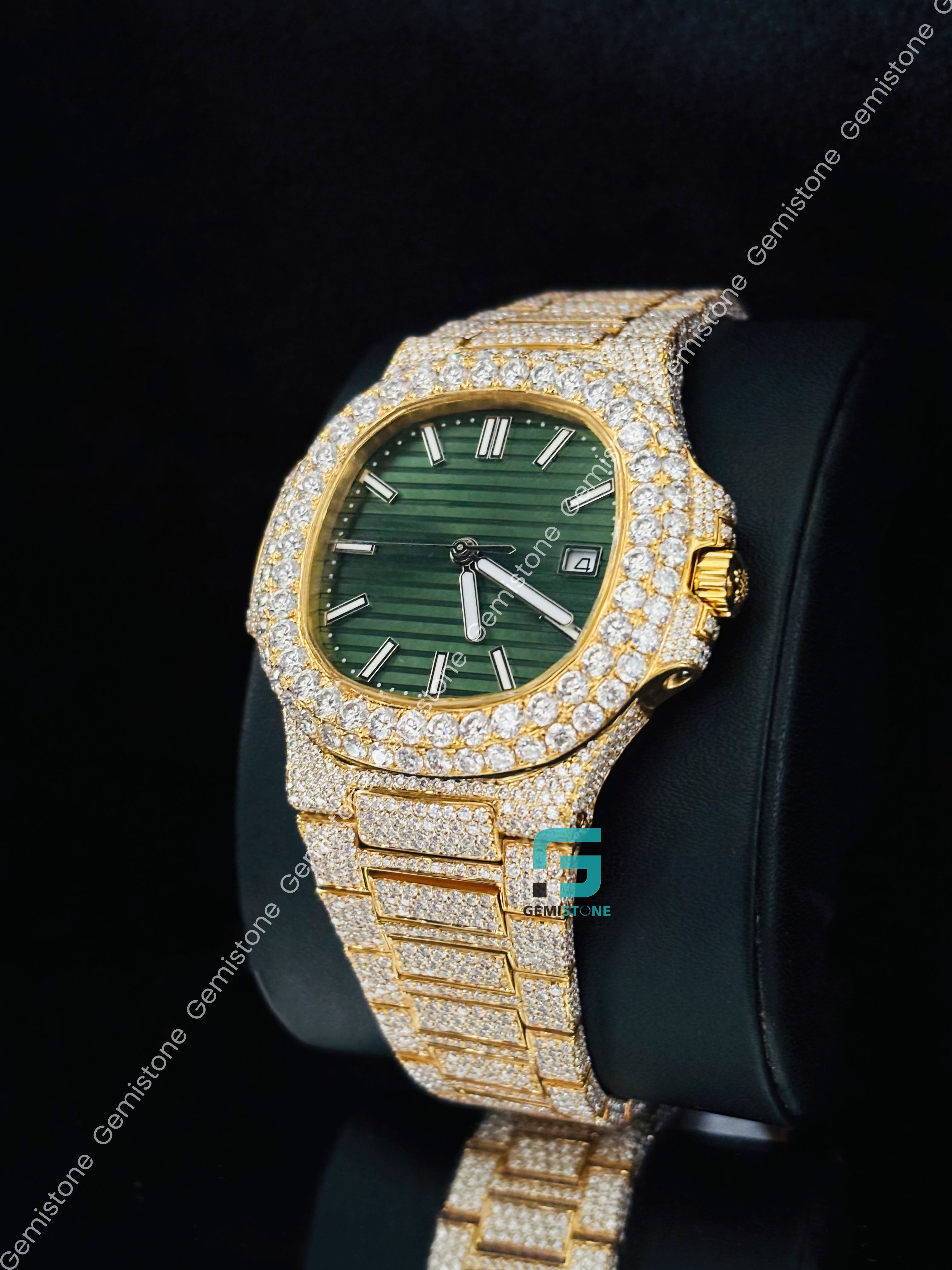 41MM Yellow Gold Plated Patek Philippe Green Dial Moissanite Iced Out Watch