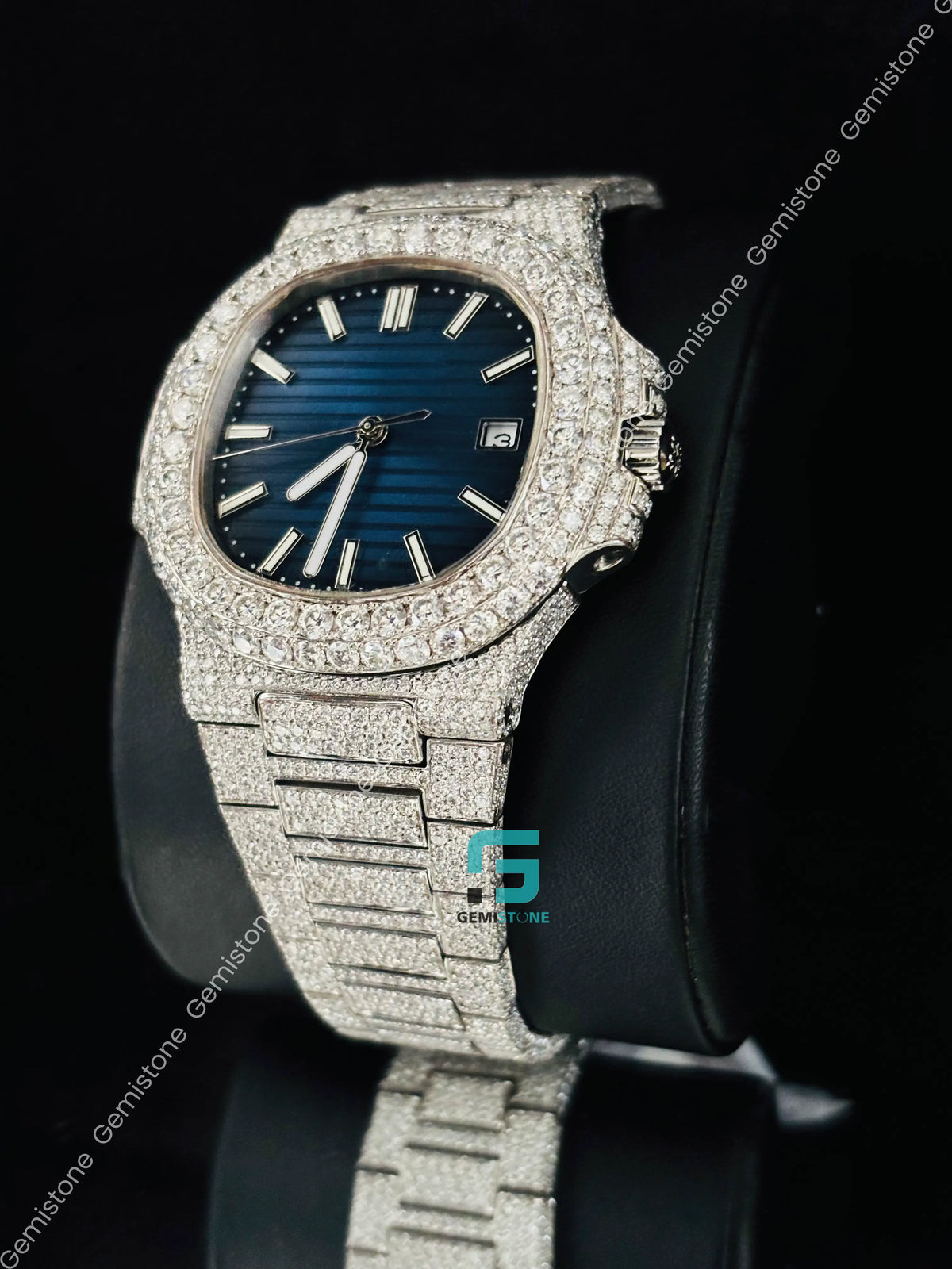 Patek Philippe Blue Dial White Bar Moissanite Studded Watch For Men