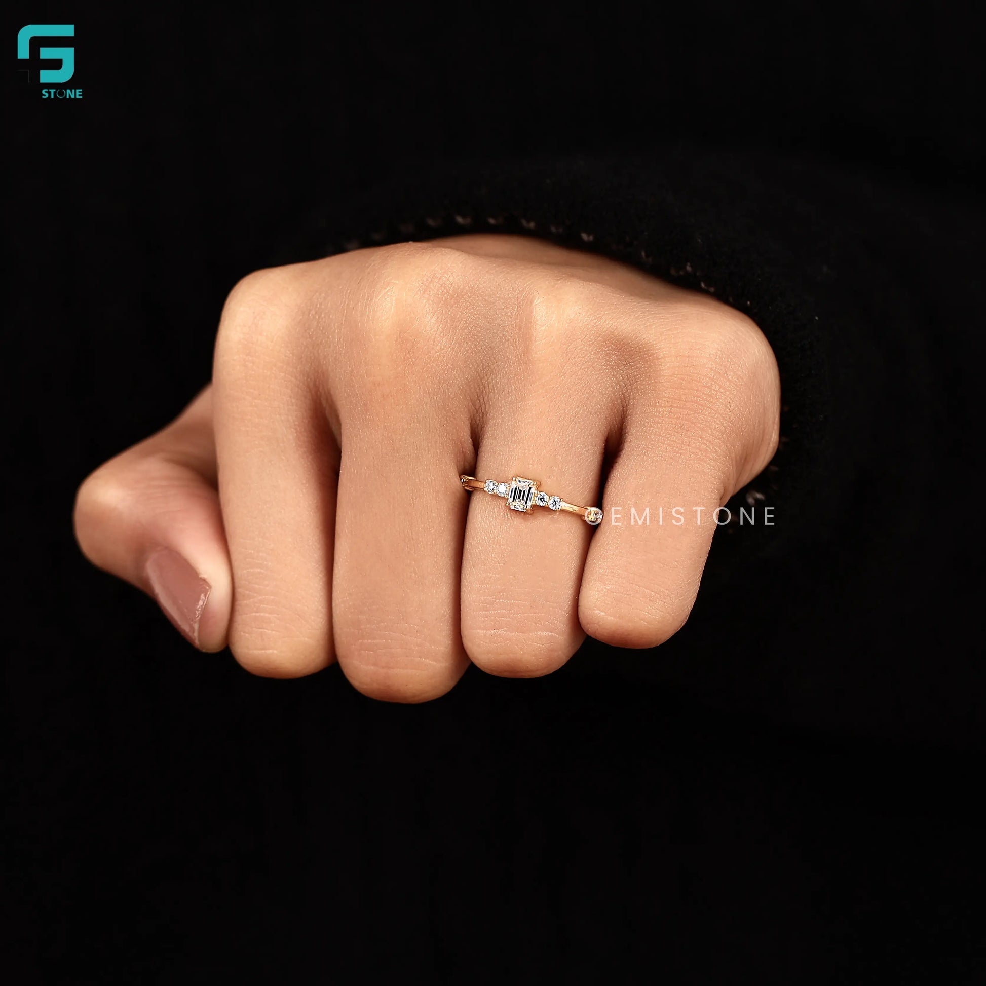 0.30CT Emerald Cut Lab Diamond Diatance Pave Ring For Women