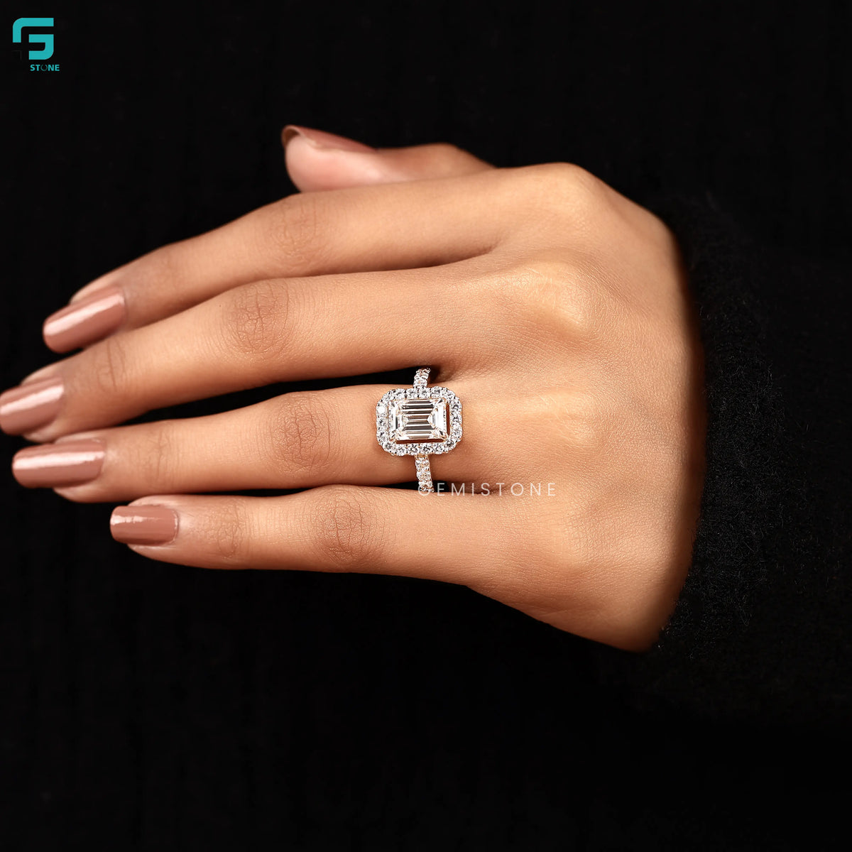 1.55CT Emerald Cut Diamond Engagement with Single Halo and Pave Band 
