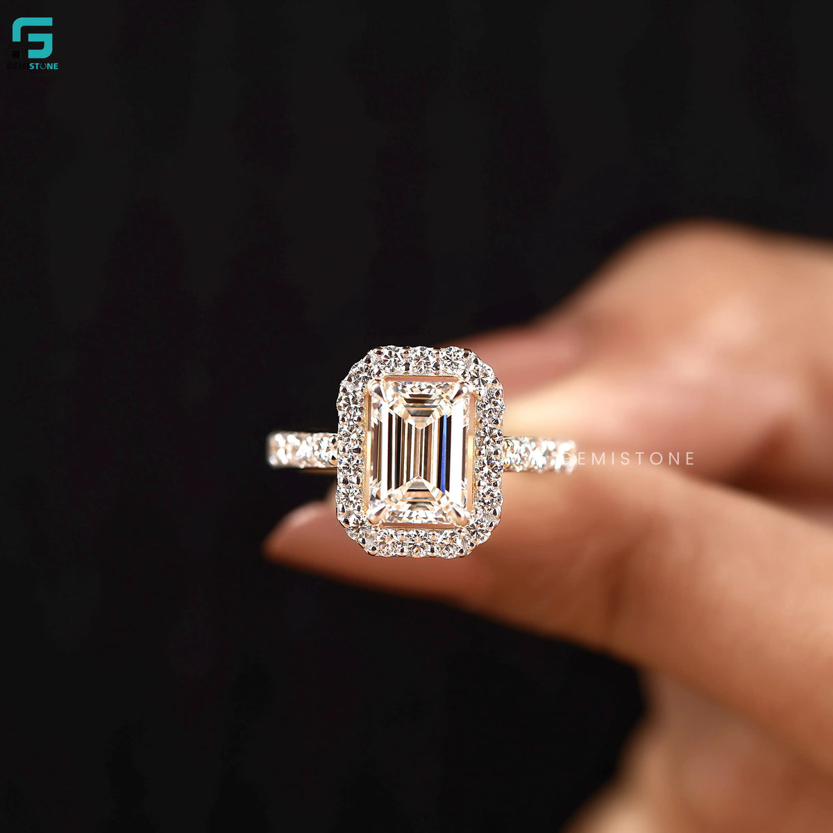 1.55CT Emerald Cut Lab Diamond Single Halo and Pave Band Ring 
