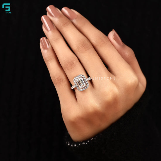 1.55CT Emerald Cut Single Halo and Pave Band Ring
