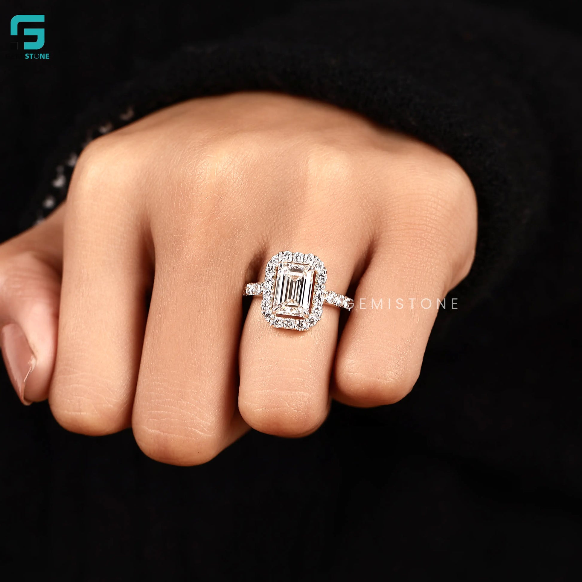 1.55CT Emerald Cut Single Halo and Pave Band Ring For Women