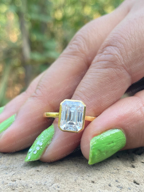 3CT Emerald Cut Moissanite Bezel Set Solitaire Engagement Ring
