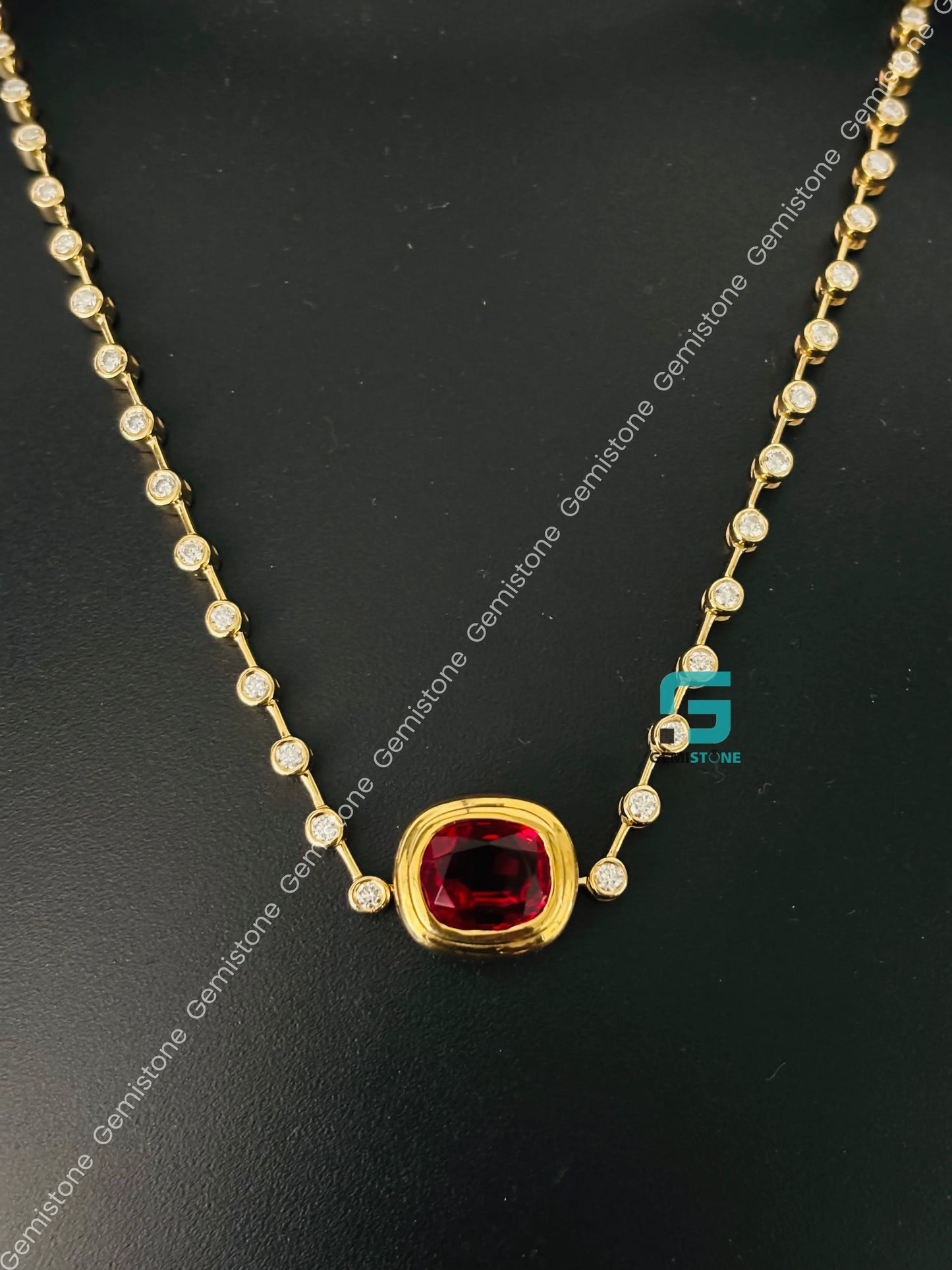 Red Rubby Cushion Cut Bezel Set Moissanite Pendant Necklace