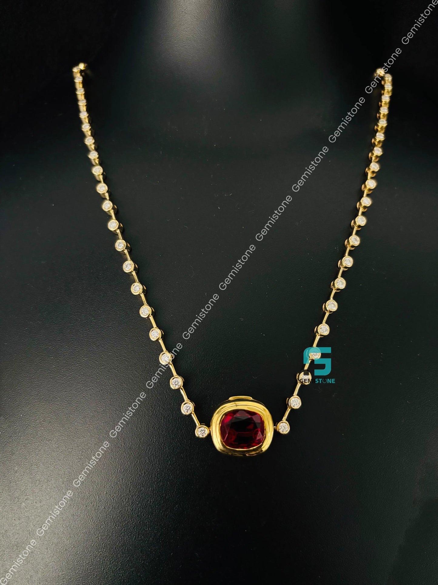 Red Rubby Cushion Cut Bezel Set Moissanite Pendant Necklace