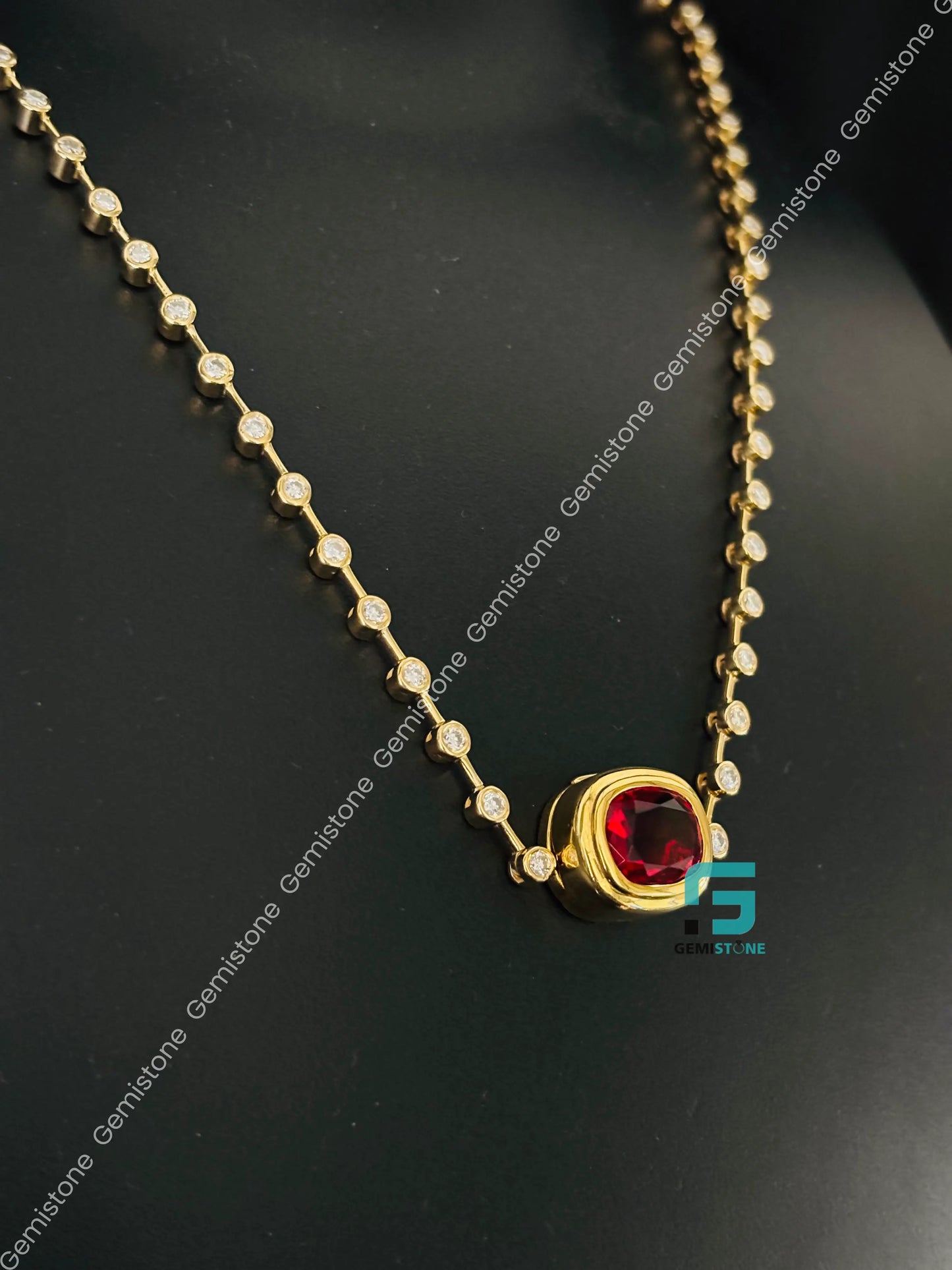 Red Rubby Cushion Cut Bezel Set Moissanite Pendant Necklace
