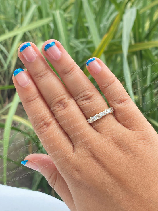 Round and Tapered Baguette Cut Moissanite Mosaic Diamond Wedding Band For Women | Half Eternity Matching Band