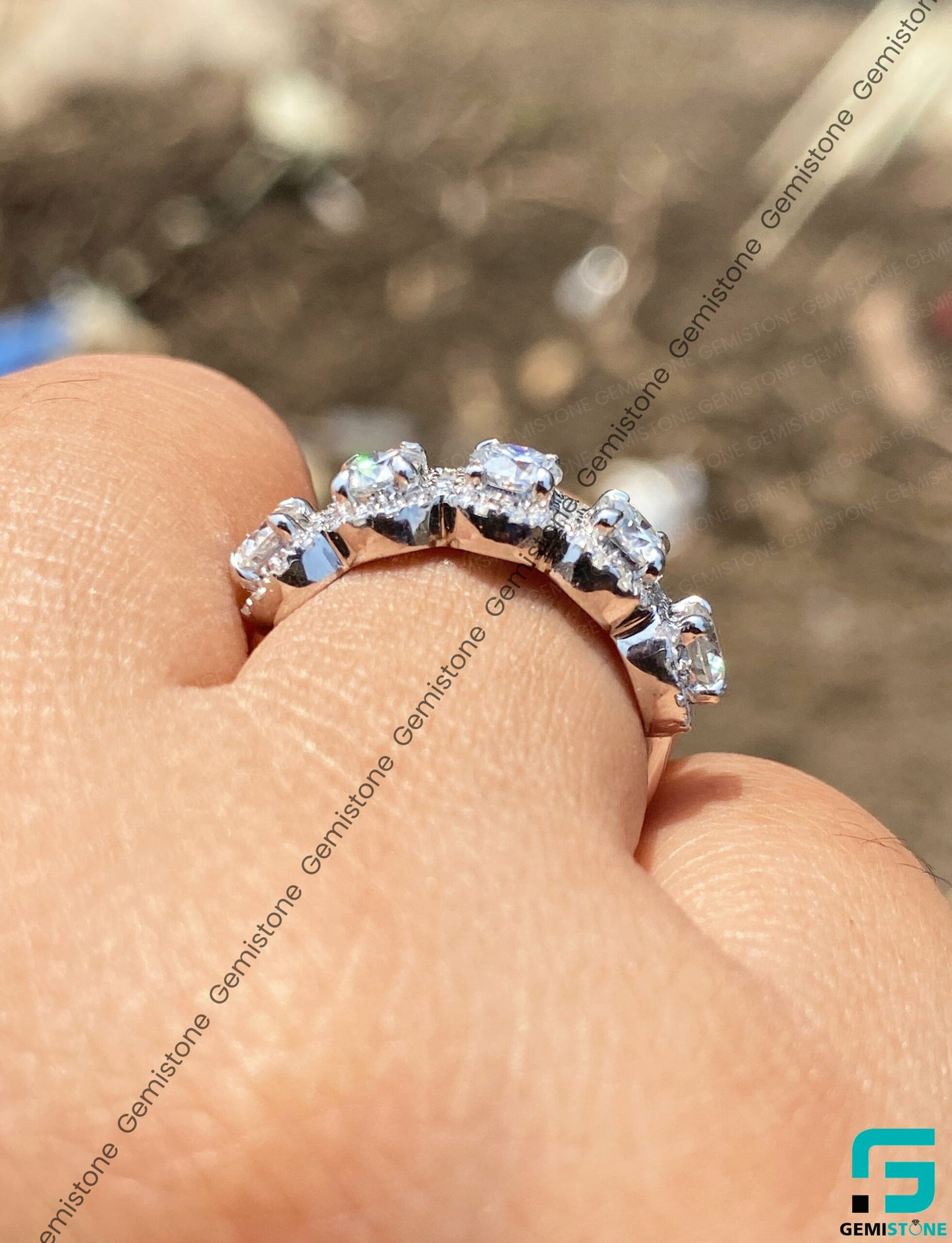 Half Eternity Round Cut Moissanite 5 Stone Halo Ring