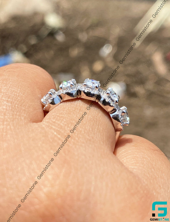 Half Eternity Round Cut Moissanite 5 Stone Halo Ring