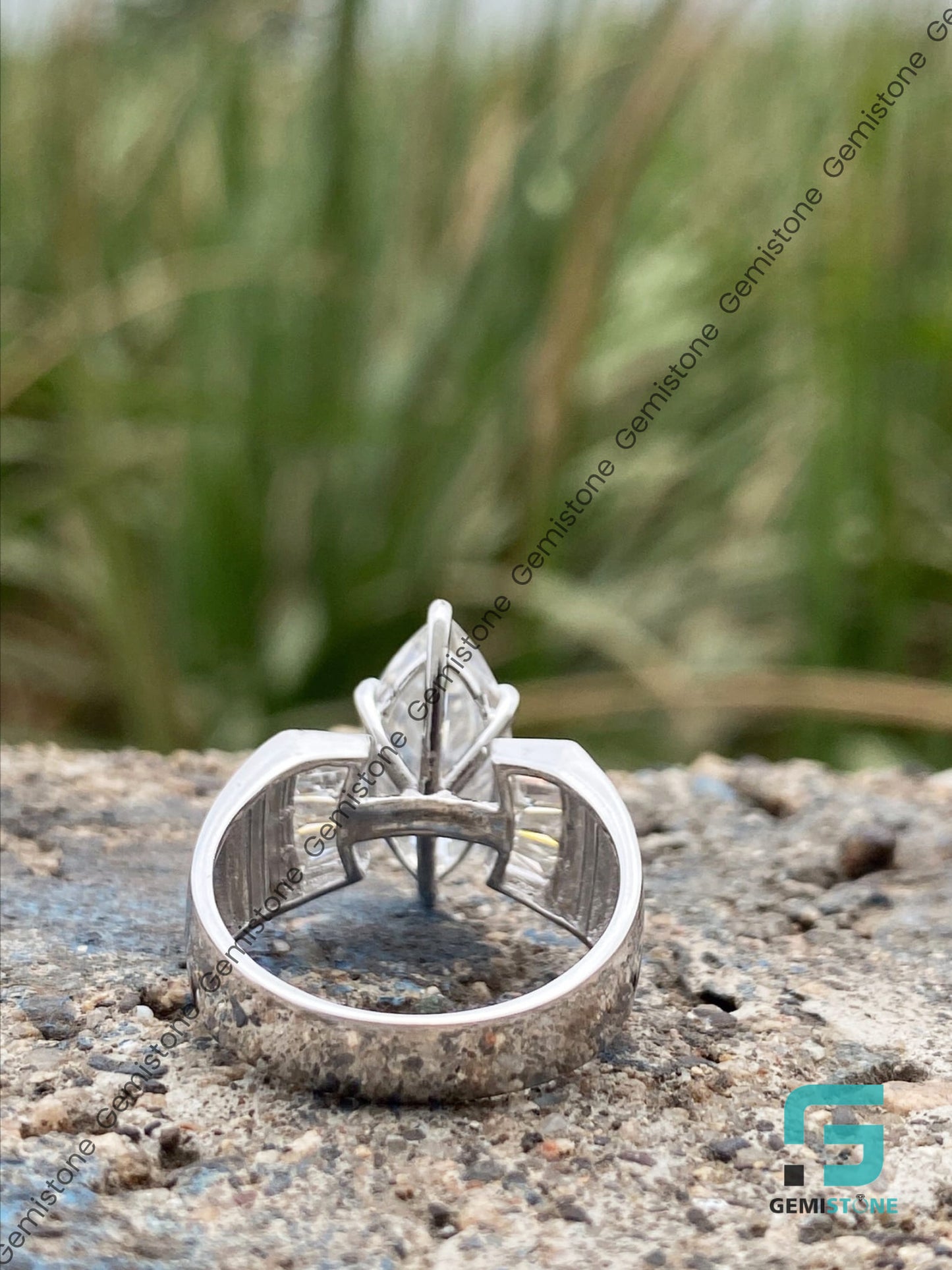 14K White Gold Cluster Diamond Marquise Baguette Ring