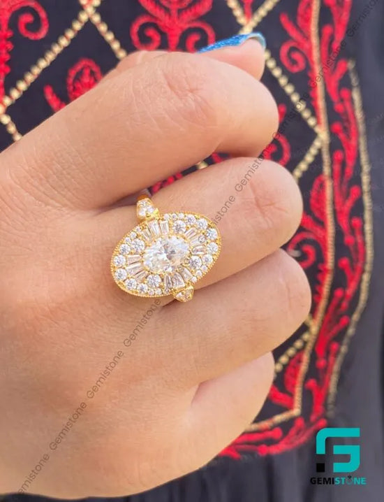 Oval Cut Moissanite Cluster Ring | Vintage Oval Halo Engagement Ring