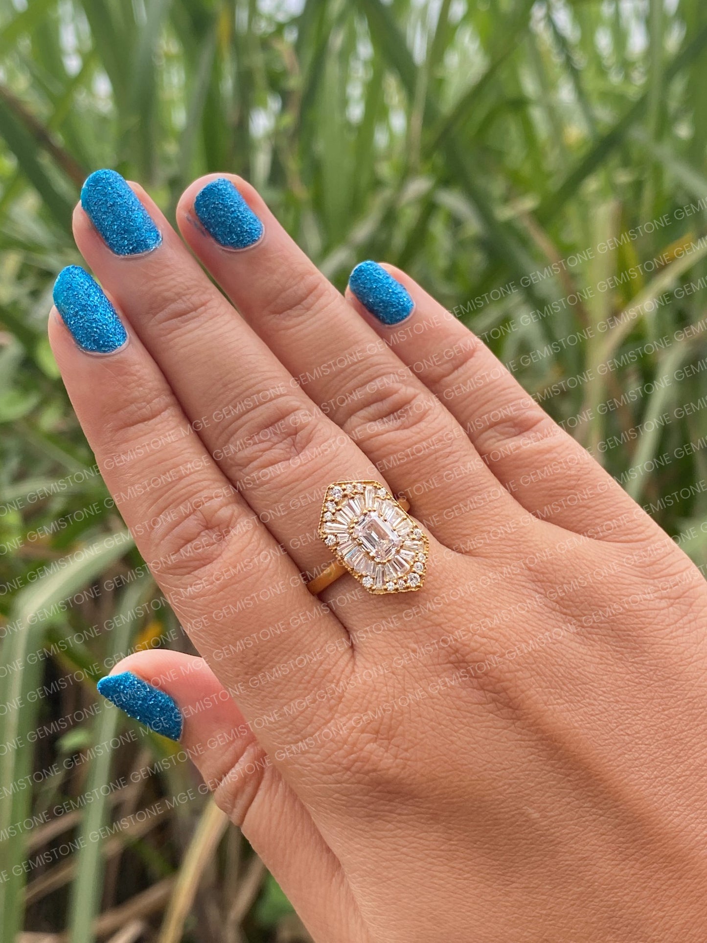 Emerald Cut Moissanite Halo Cluster Vintage Engagement Ring