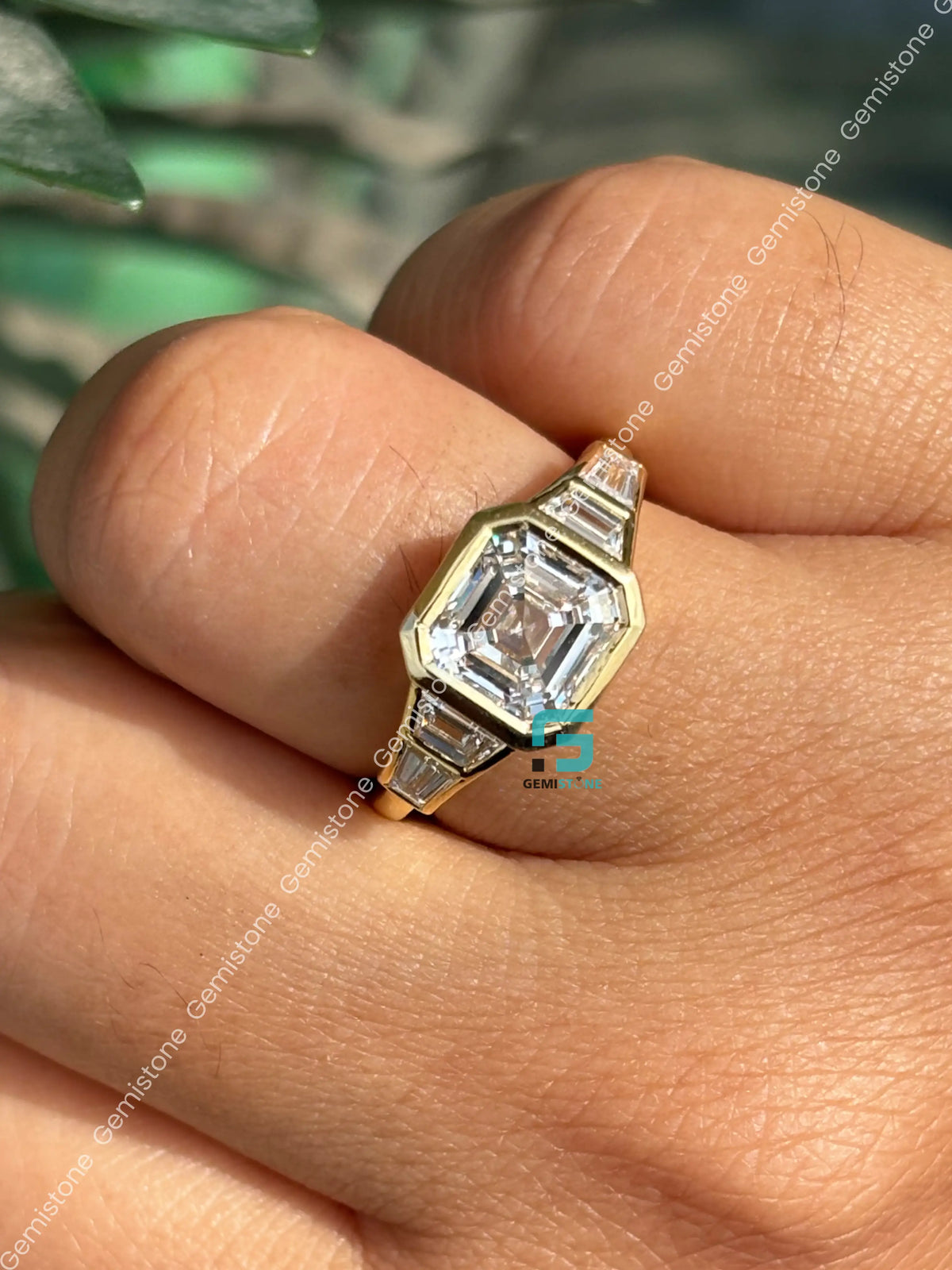 3CT Asscher Cut Bzezel Set Moissanite Five Stone Wedding Ring