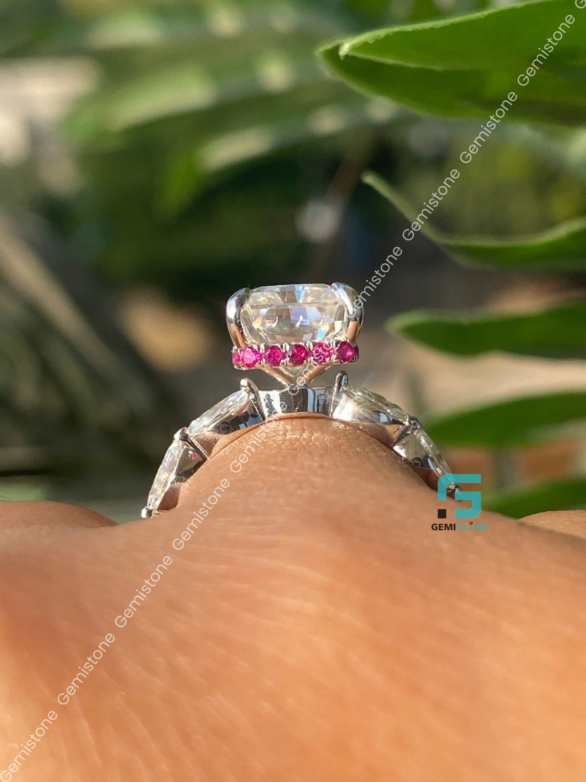 5CT Radiant Cut Pink Hidden Halo Moissanite Marquise Pave Band Ring